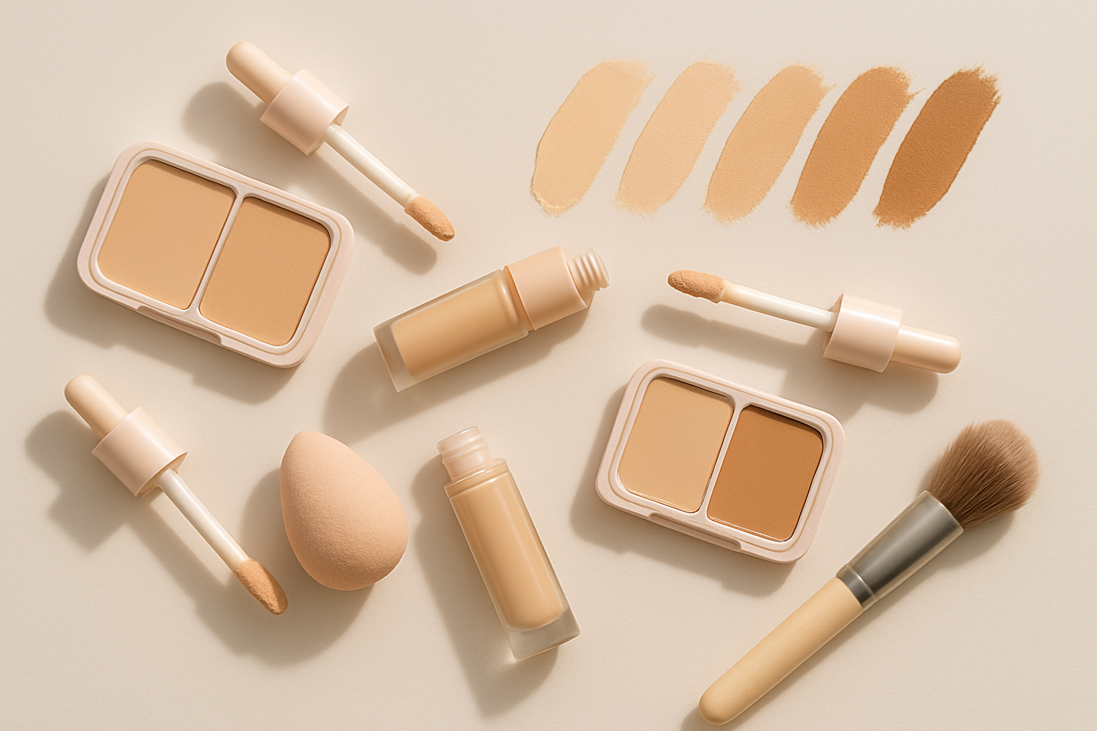 Närbild på concealer och sminkpensel mot ljus bakgrund